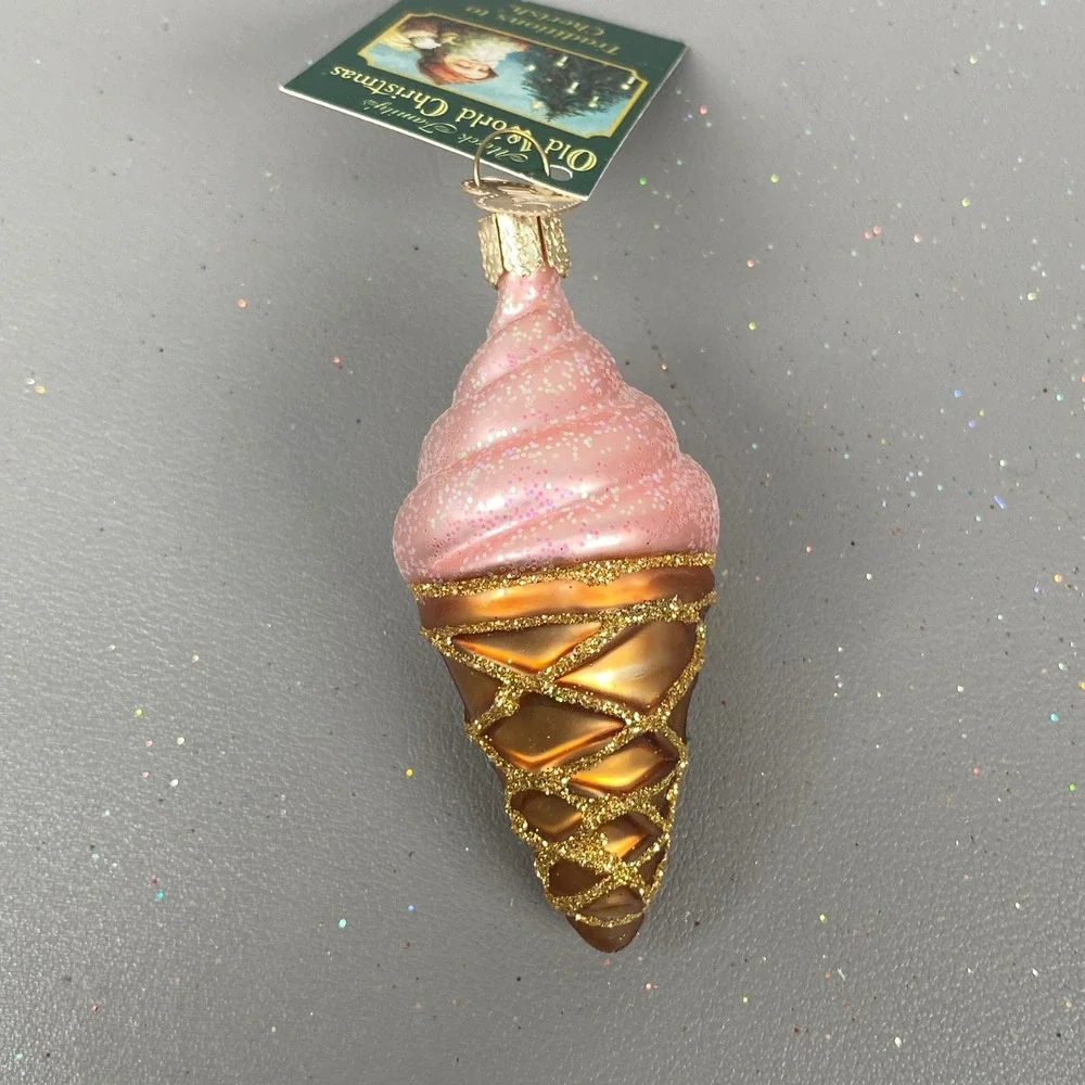 Old World Christmas Glass Ornaments Teddy Bear Basket & Pink Ice Cream Cone Set